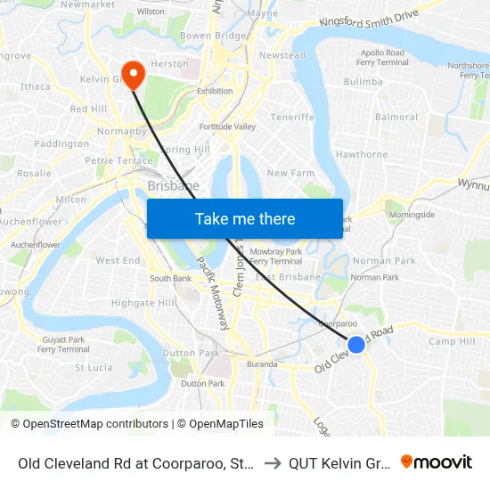 Old Cleveland Rd at Coorparoo, Stop 23 to QUT Kelvin Grove map