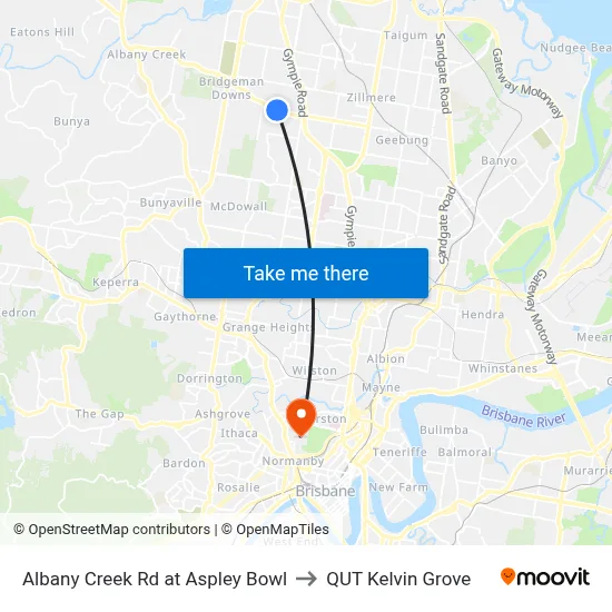 Albany Creek Rd at Aspley Bowl to QUT Kelvin Grove map