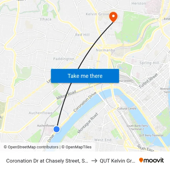 Coronation Dr at Chasely Street, Stop 8 to QUT Kelvin Grove map