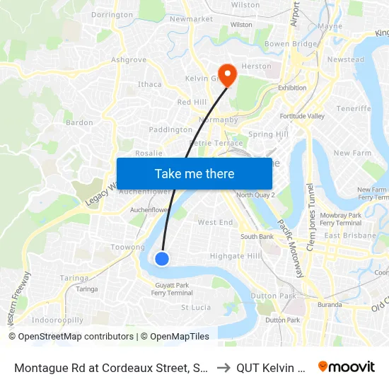 Montague Rd at Cordeaux Street, Stop 30/14 to QUT Kelvin Grove map