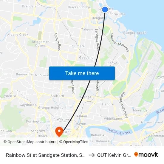 Rainbow St at Sandgate Station, Stop 33 to QUT Kelvin Grove map