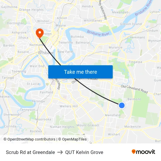 Scrub Rd at Greendale to QUT Kelvin Grove map