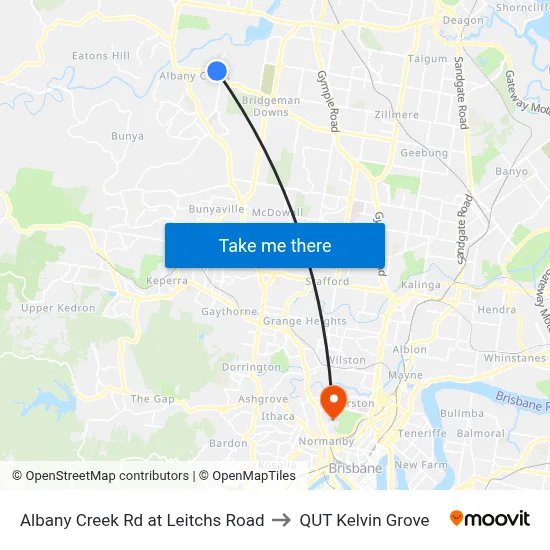 Albany Creek Rd at Leitchs Road to QUT Kelvin Grove map