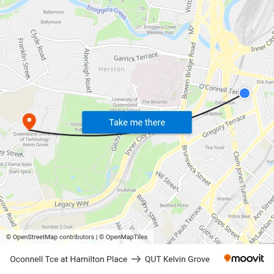 Oconnell Tce at Hamilton Place to QUT Kelvin Grove map