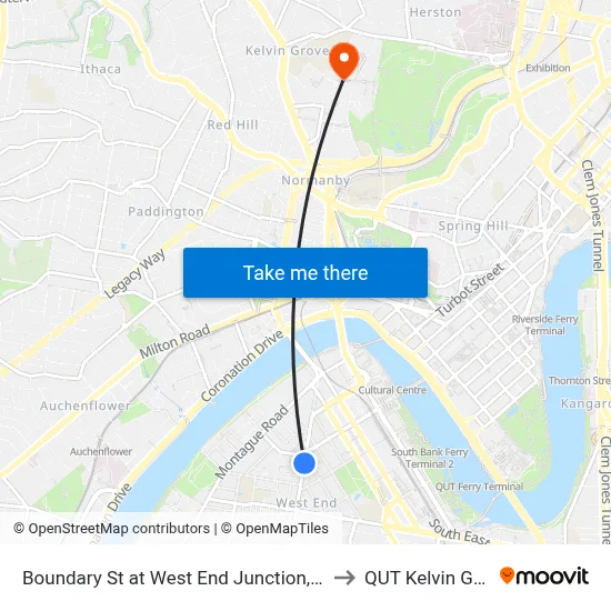 Boundary St at West End Junction, Stop 5 to QUT Kelvin Grove map