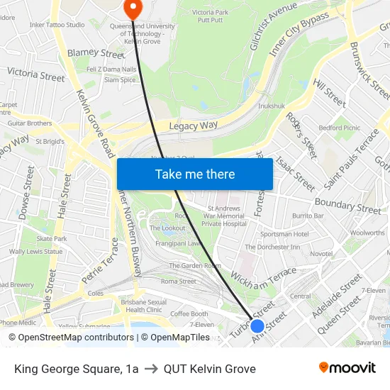 King George Square, 1a to QUT Kelvin Grove map