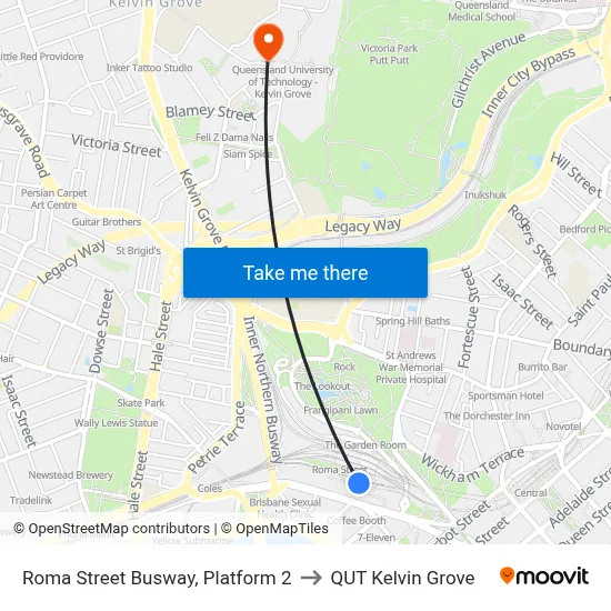 Roma Street Busway, Platform 2 to QUT Kelvin Grove map
