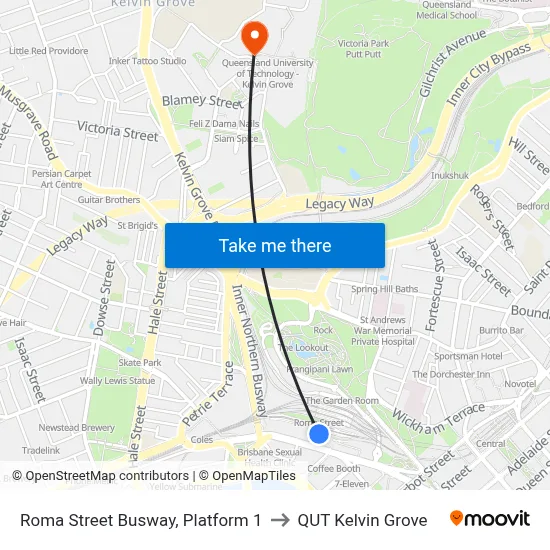 Roma Street Busway, Platform 1 to QUT Kelvin Grove map