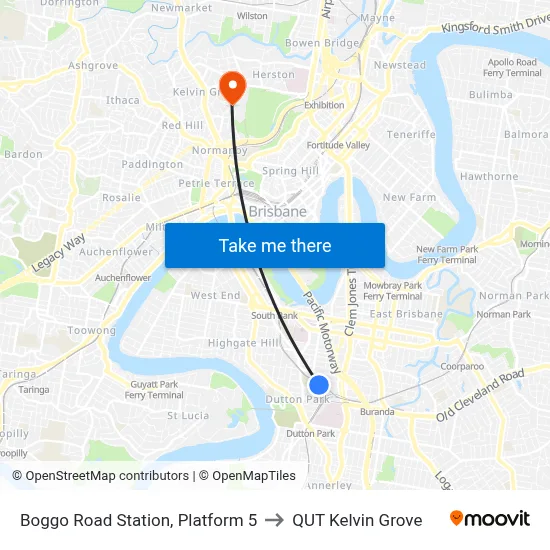 Boggo Road Station, Platform 5 to QUT Kelvin Grove map