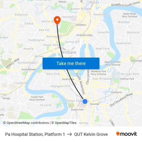 Pa Hospital Station, Platform 1 to QUT Kelvin Grove map