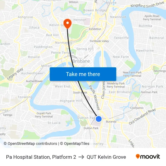 Pa Hospital Station, Platform 2 to QUT Kelvin Grove map