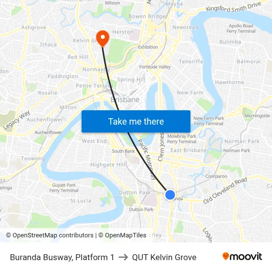 Buranda Busway, Platform 1 to QUT Kelvin Grove map