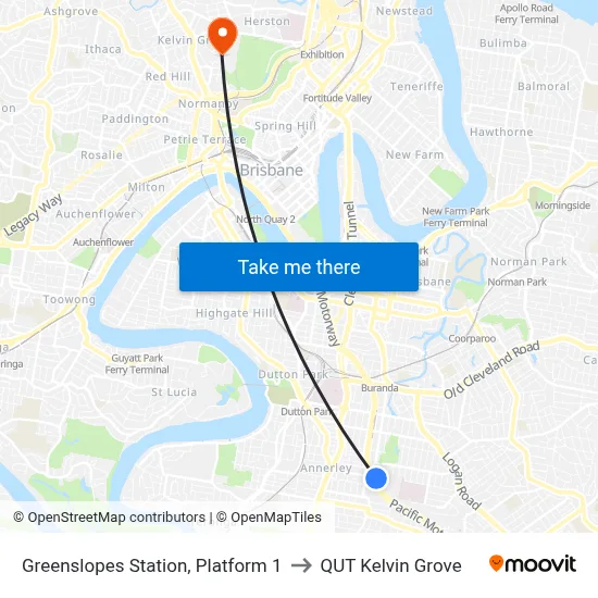 Greenslopes Station, Platform 1 to QUT Kelvin Grove map
