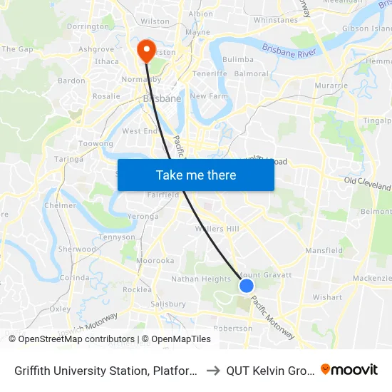 Griffith University Station, Platform 1 to QUT Kelvin Grove map