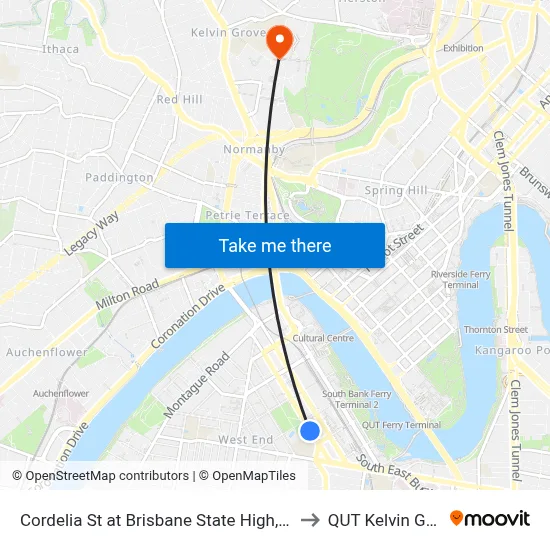 Cordelia St at Brisbane State High, Stop 3 to QUT Kelvin Grove map