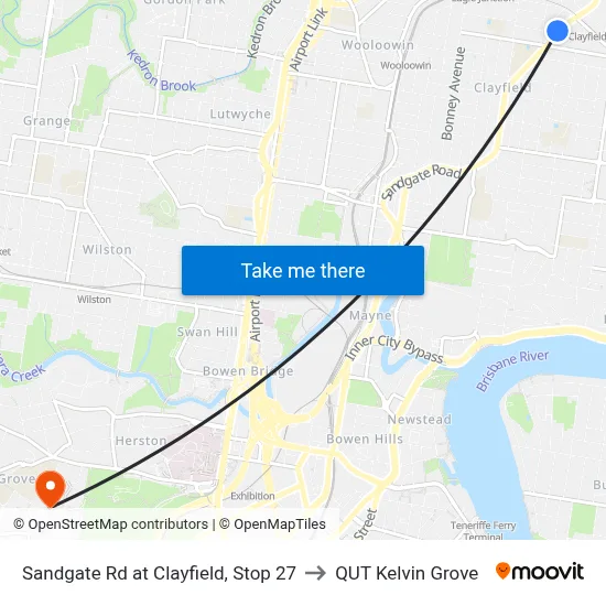 Sandgate Rd at Clayfield, Stop 27 to QUT Kelvin Grove map