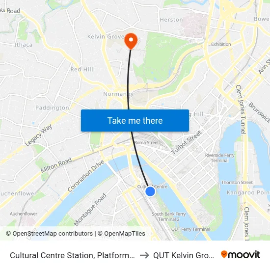 Cultural Centre Station, Platform 2 to QUT Kelvin Grove map