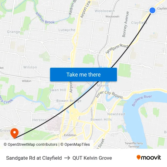 Sandgate Rd at Clayfield to QUT Kelvin Grove map