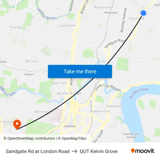 Sandgate Rd at London Road to QUT Kelvin Grove map