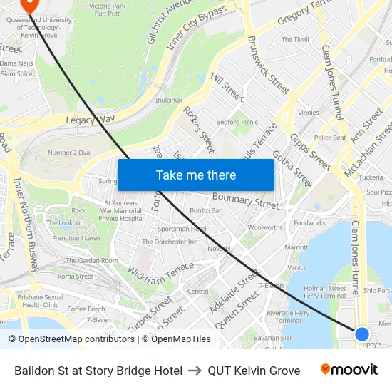 Baildon St at Story Bridge Hotel to QUT Kelvin Grove map