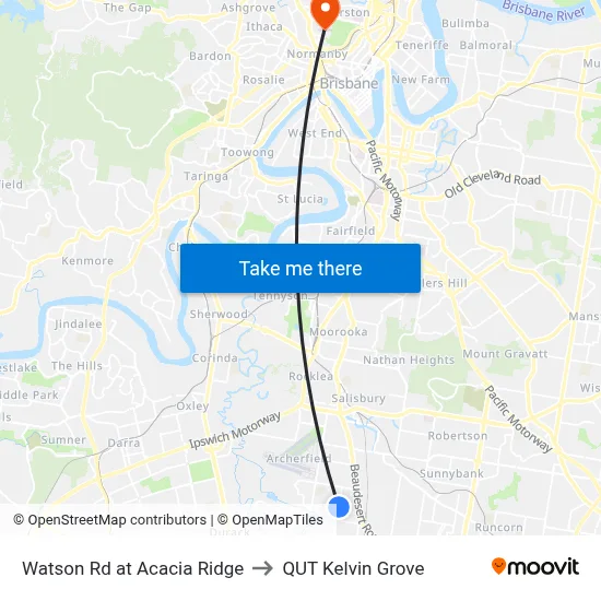 Watson Rd at Acacia Ridge to QUT Kelvin Grove map