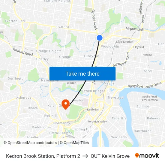 Kedron Brook Station, Platform 2 to QUT Kelvin Grove map