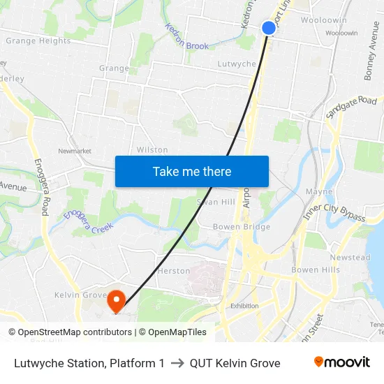 Lutwyche Station, Platform 1 to QUT Kelvin Grove map