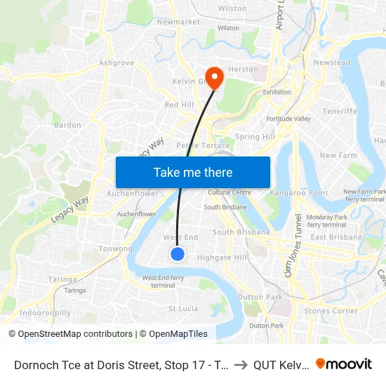 Dornoch Tce at Doris Street, Stop 17 - Temp Closure From 13 July to QUT Kelvin Grove map