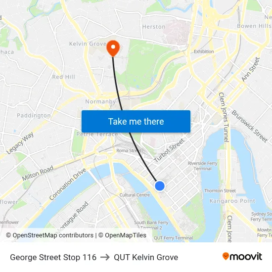 George Street Stop 116 to QUT Kelvin Grove map