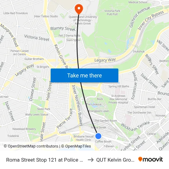 Roma Street Stop 121 at Police Hq to QUT Kelvin Grove map