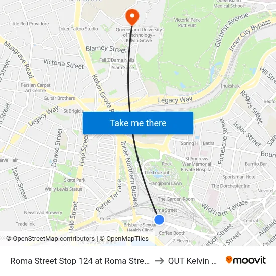 Roma Street Stop 124 at Roma Street Station to QUT Kelvin Grove map
