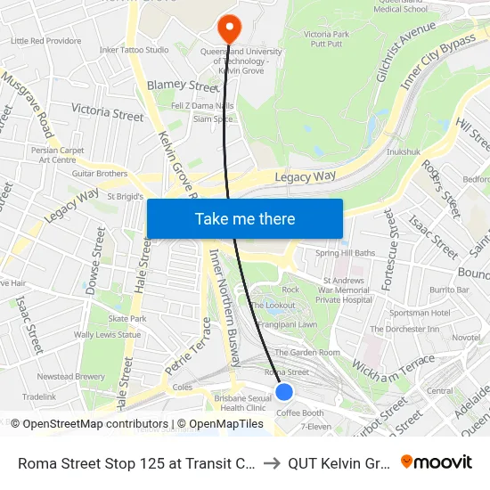 Roma Street Stop 125 at Transit Centre to QUT Kelvin Grove map
