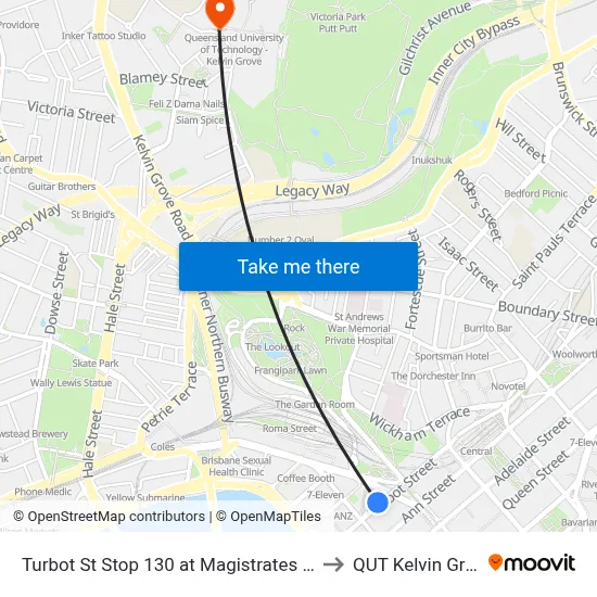 Turbot St Stop 130 at Magistrates Court to QUT Kelvin Grove map