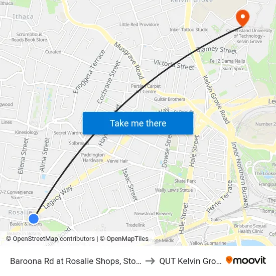Baroona Rd at Rosalie Shops, Stop 9 to QUT Kelvin Grove map
