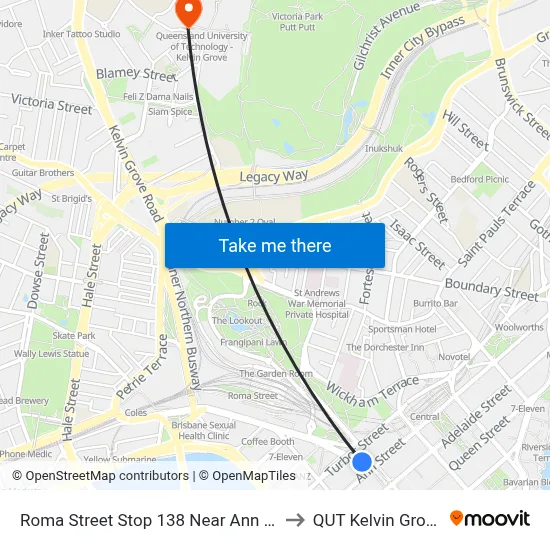 Roma Street Stop 138 Near Ann St to QUT Kelvin Grove map