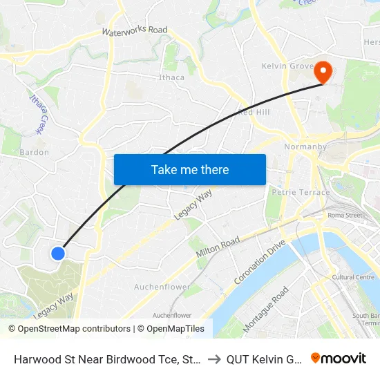 Harwood St Near Birdwood Tce, Stop 28a to QUT Kelvin Grove map