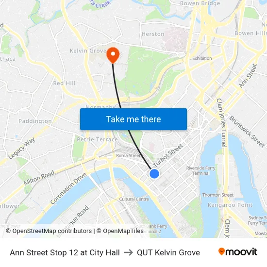 Ann Street Stop 12 at City Hall to QUT Kelvin Grove map