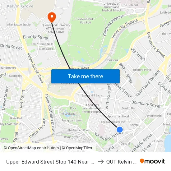Upper Edward Street Stop 140 Near Wickham Tce to QUT Kelvin Grove map