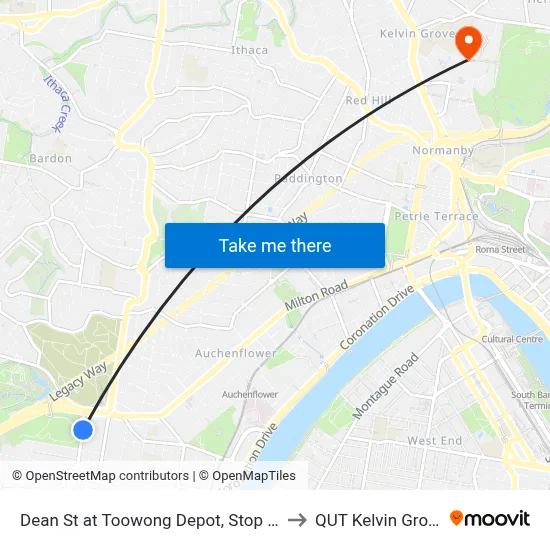 Dean St at Toowong Depot, Stop 17 to QUT Kelvin Grove map