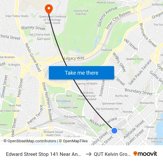 Edward Street Stop 141 Near Ann St to QUT Kelvin Grove map