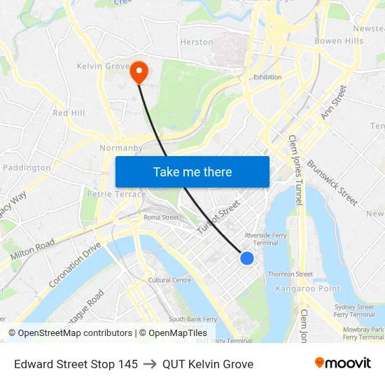 Edward Street Stop 145 to QUT Kelvin Grove map