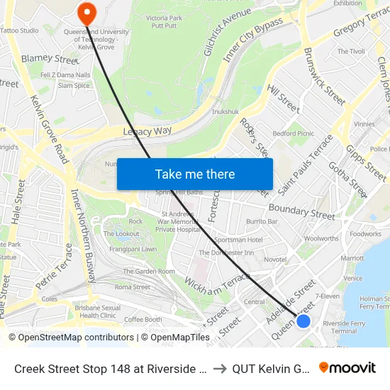 Creek Street Stop 148 at Riverside Centre to QUT Kelvin Grove map