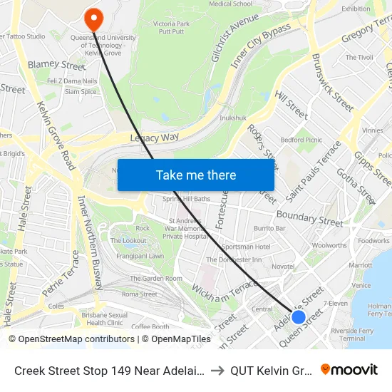 Creek Street Stop 149 Near Adelaide St to QUT Kelvin Grove map