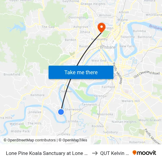 Lone Pine Koala Sanctuary at Lone Pine, Stop 42 to QUT Kelvin Grove map