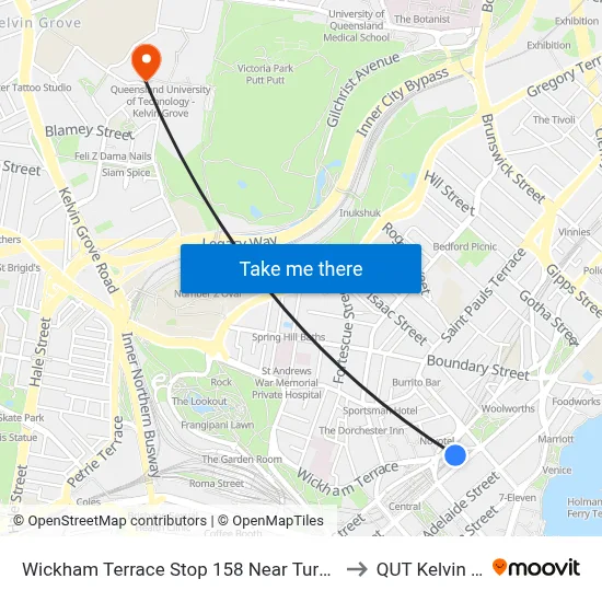 Wickham Terrace Stop 158 Near Turbot St, Stand A to QUT Kelvin Grove map
