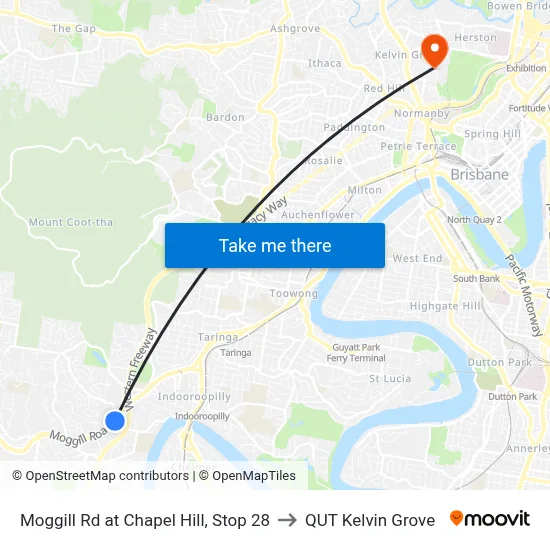 Moggill Rd at Chapel Hill, Stop 28 to QUT Kelvin Grove map