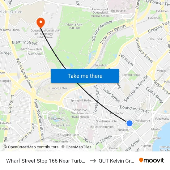 Wharf Street Stop 166 Near Turbot St to QUT Kelvin Grove map