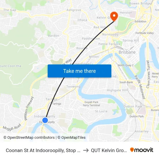 Coonan St At Indooroopilly, Stop 53 to QUT Kelvin Grove map