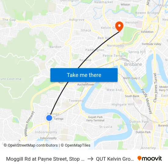 Moggill Rd at Payne Street, Stop 20 to QUT Kelvin Grove map