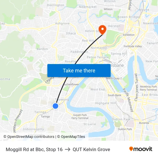 Moggill Rd at Bbc, Stop 16 to QUT Kelvin Grove map